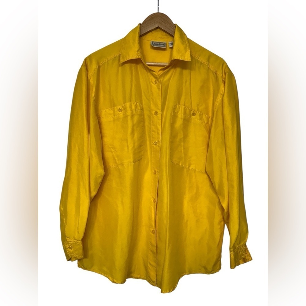 Vintage Yellow Silk Button Up Shirt Oversized Small
